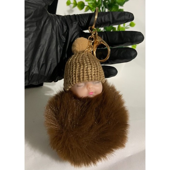 Cute Sleeping Baby  Fur Ball Hat Plush Doll Pendent Unisex Key Chain - Picture 8 of 8